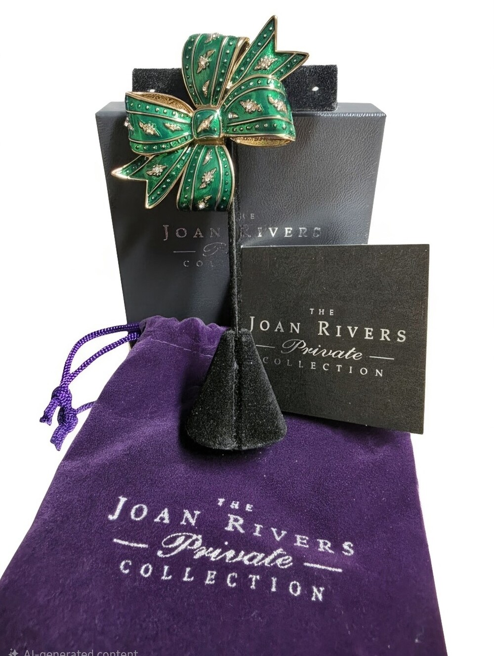 Joan Rivers Private Collection Green Enamel Bow Brooch Pin, NIB Box & Pouch